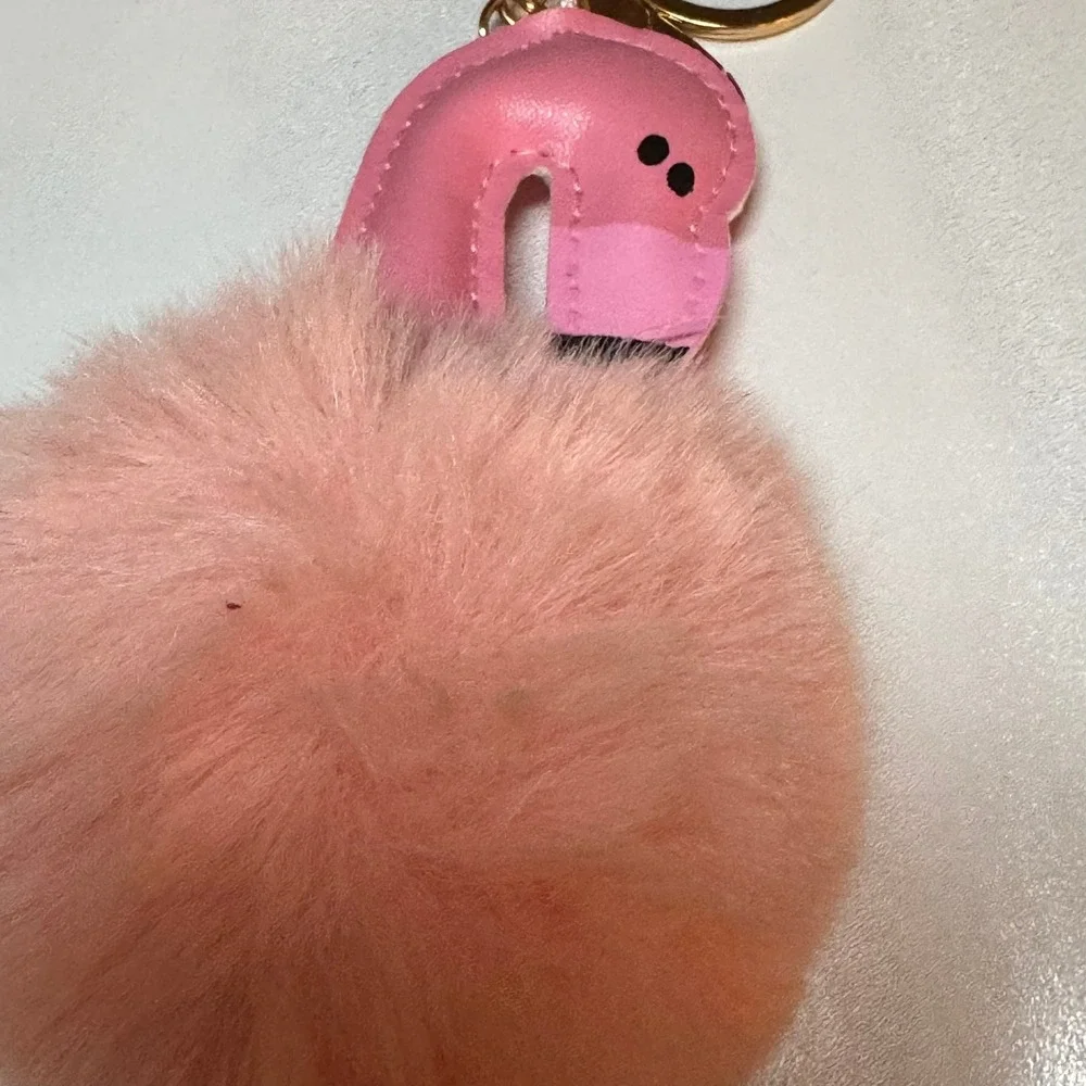Pink Flamingo Pom Pom Faux Fur Keychain Bag Charm Gold Tone Ring‎